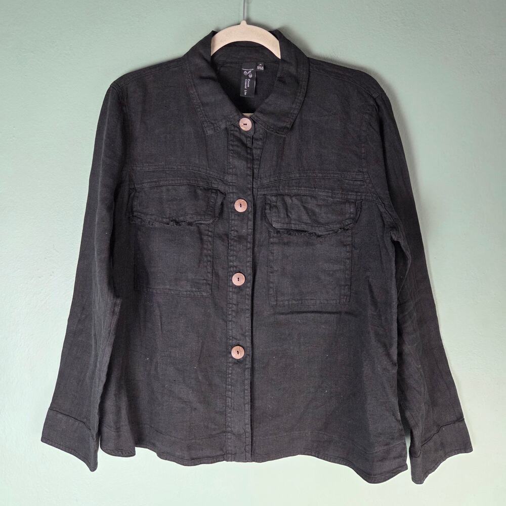 Focus Casual Life Womens Medium Black Button Front Linen Shirt Lightweight Layer